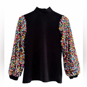 Maximalist Sequin Sleeve Mock Neck Top Statement Party Retro Glam